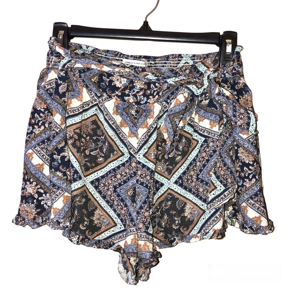 American Eagle Culotte Paisley Pull on Shorts Blue Brown Small
